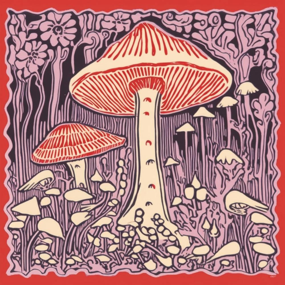 Pilz Holzschnitt Lila 7
