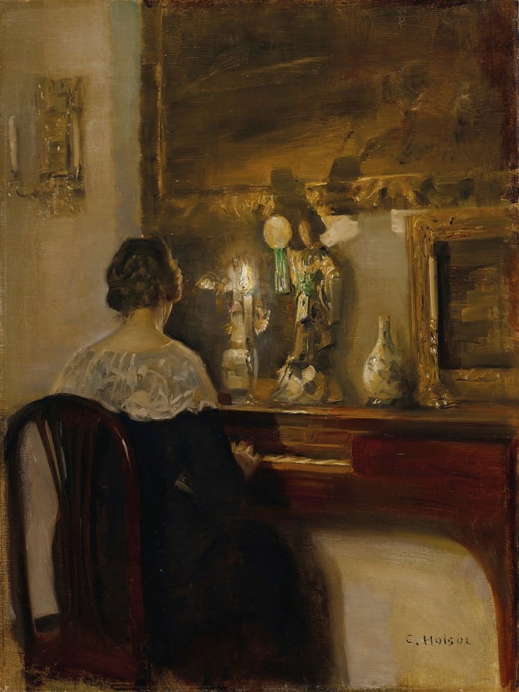 Woman At The Piano Vintage Portrait Painting | Antique