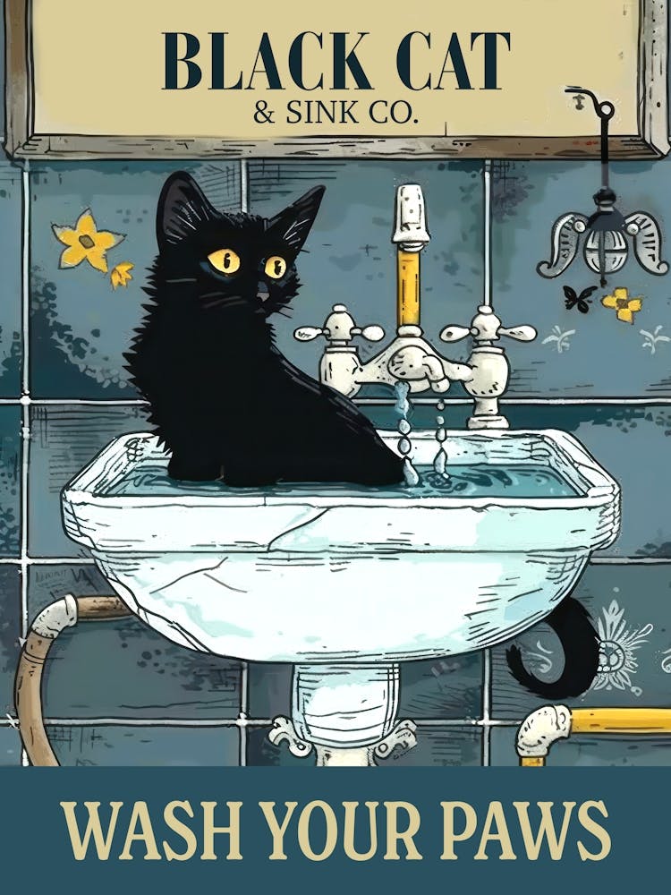 Black Cat Wash Your Paws Poster Bathroom Decoration Print Animal Picture Vintage