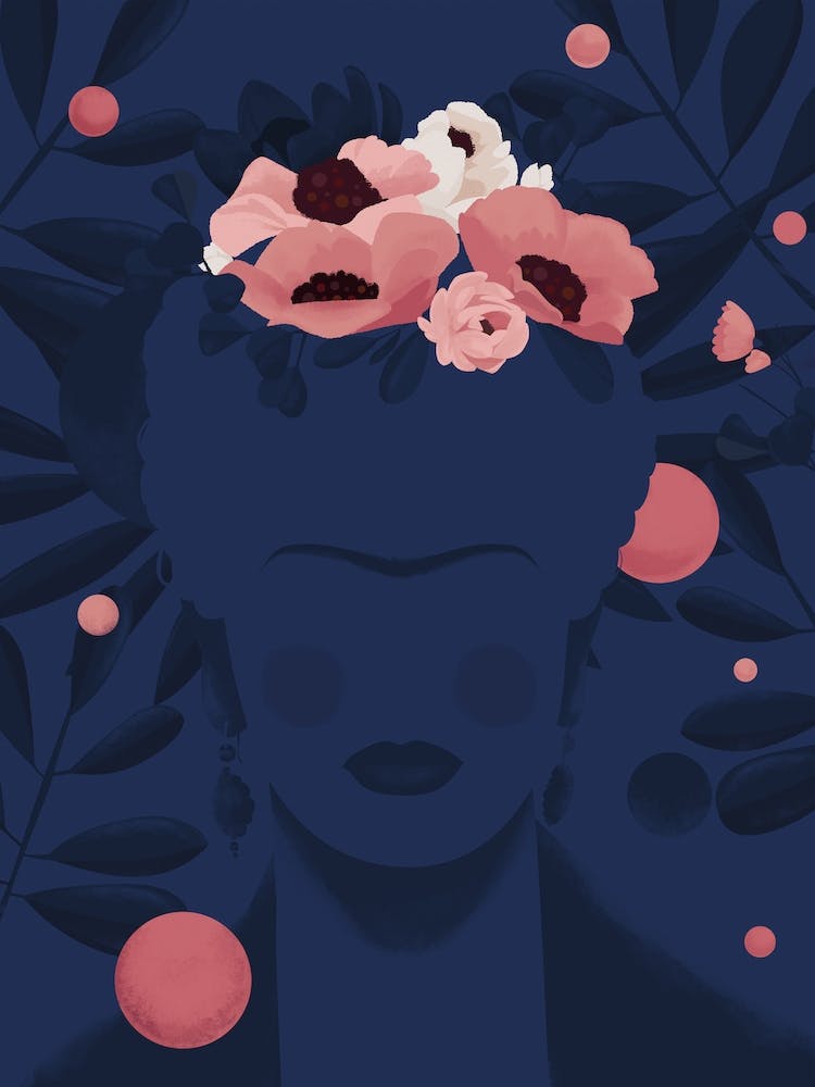 Midnight Frida in flowers,, Frida Kahlo minimalistic portrait