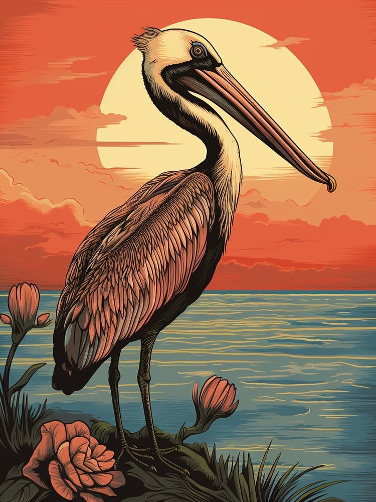 Vintage Bird Linocut Brown Pelican 3