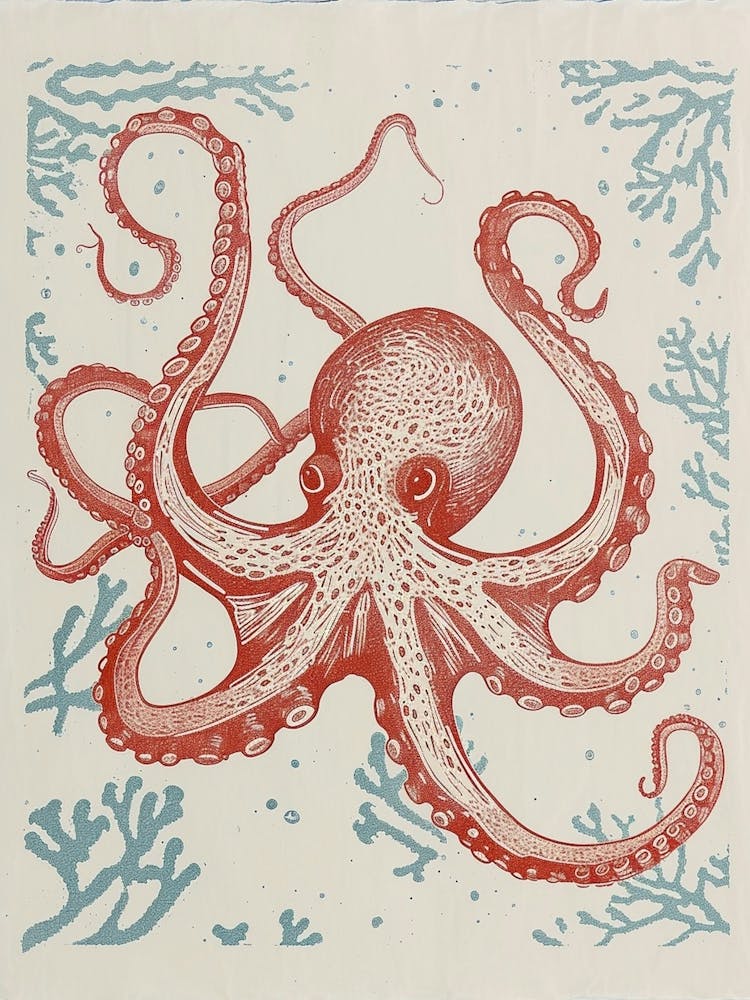 Octopus Linocut Style With Aqua Marine Plants 9