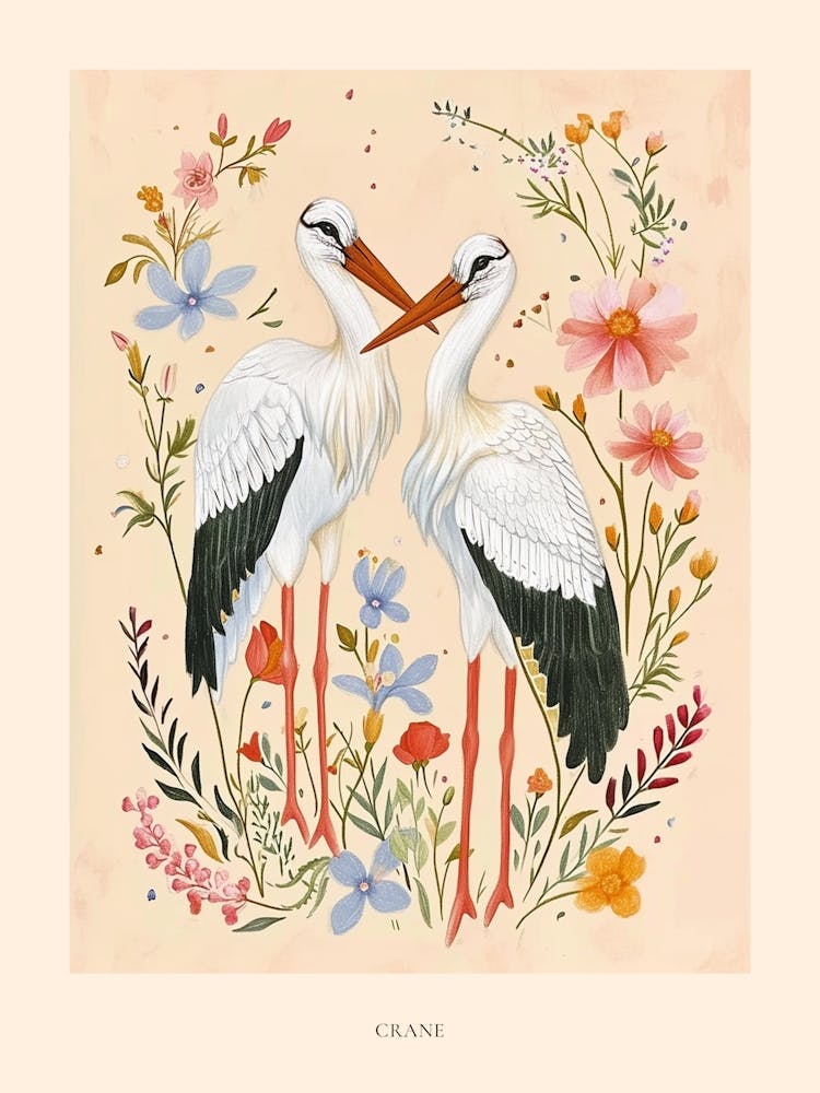 Folksy Floral Animal Drawing Crane 3 Poster