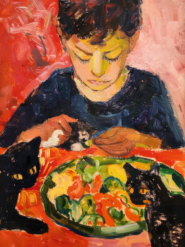 Porträt eines Jungen mit Katzen, die einen Salat essen 2