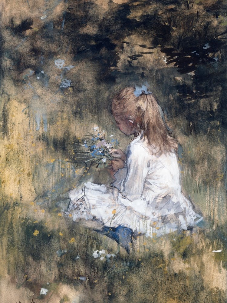 Little Girl In The Grass. Vintage Nursery Oil Painting, Kids Room Illustration