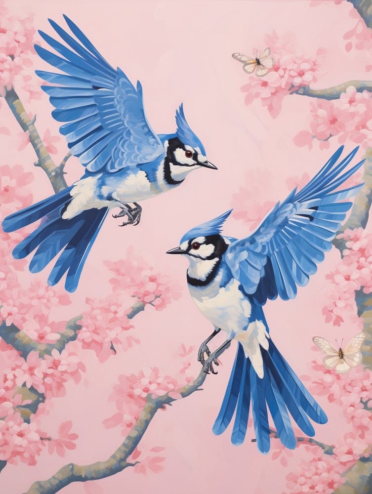 Impression d'Oiseau d'Inspiration Japonaise Vintage Geai Bleu 1