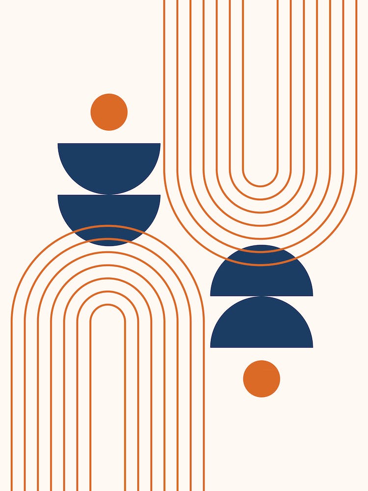 Mid Century Modern Geometric Rainbow, Sun and Moon Phases Abstract in Navy Blue Orange Theme