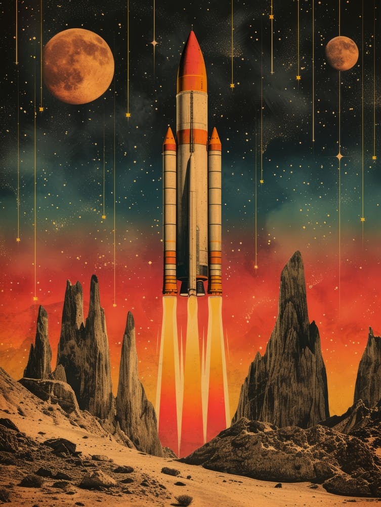 Space Odyssey: Retro Poster featuring Asteroids, Rockets, and Astronauts: Space Rocket Launch 2