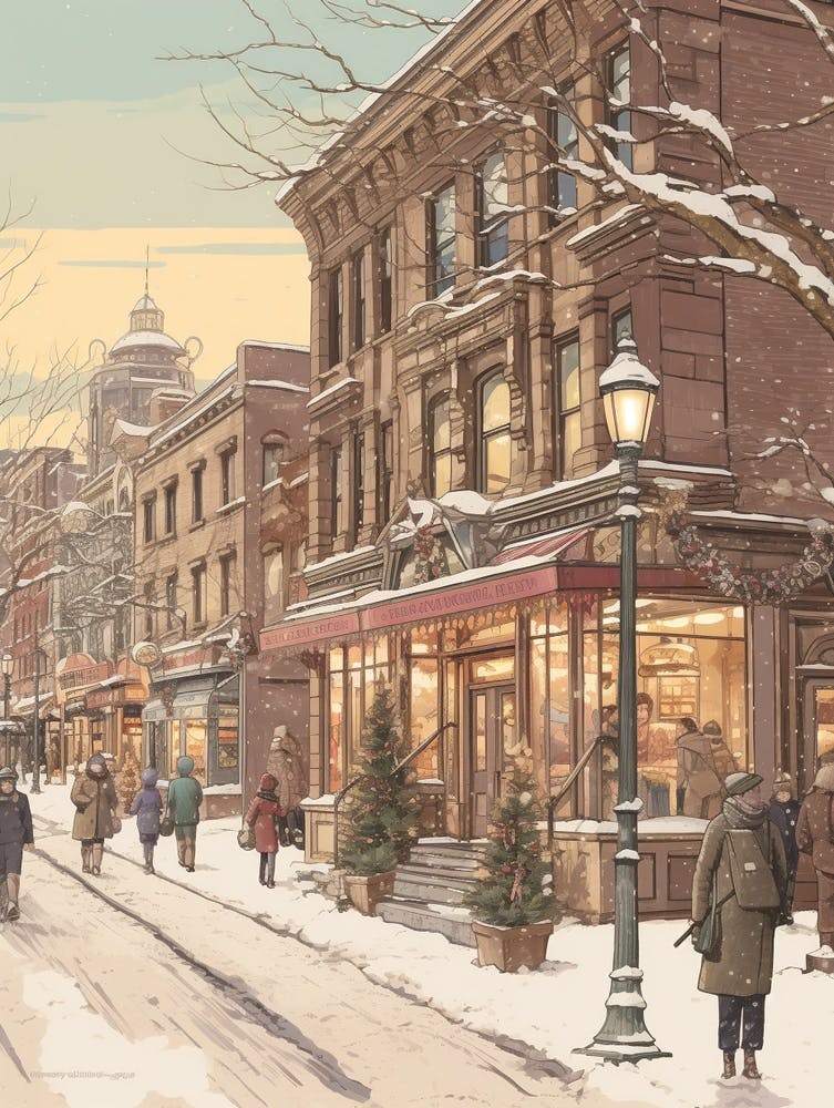 Vintage Winter Illustration New York City Usa 6