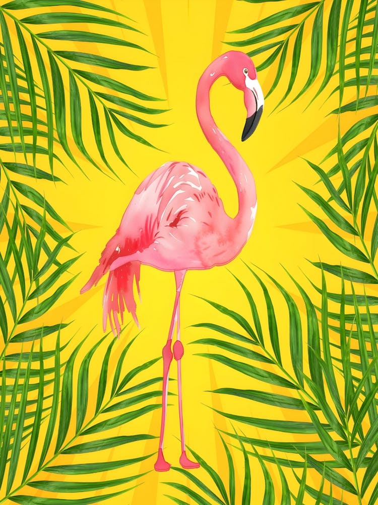 Pink Flamingo On Yellow Background