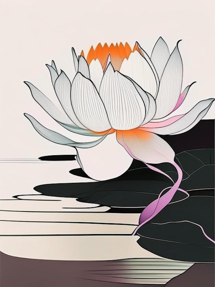 Blooming Lotus Flower In Lake Abstract Line Drawing 3