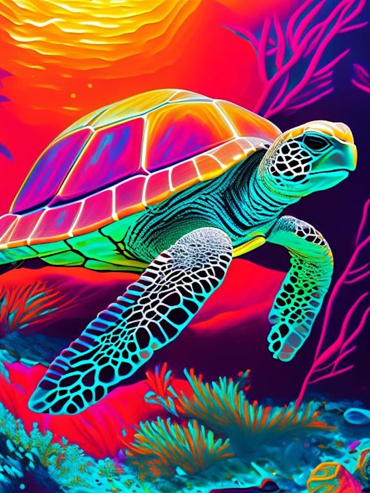 A Single Sea Turtle In Coral Reef, Sea Turtle Andy Warhol Inspired 1