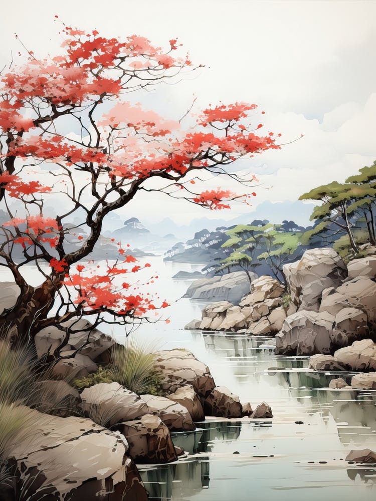 Rikugien Garden In Tokyo, Japanese Brush Painting, Ukiyo E, Minimal 2
