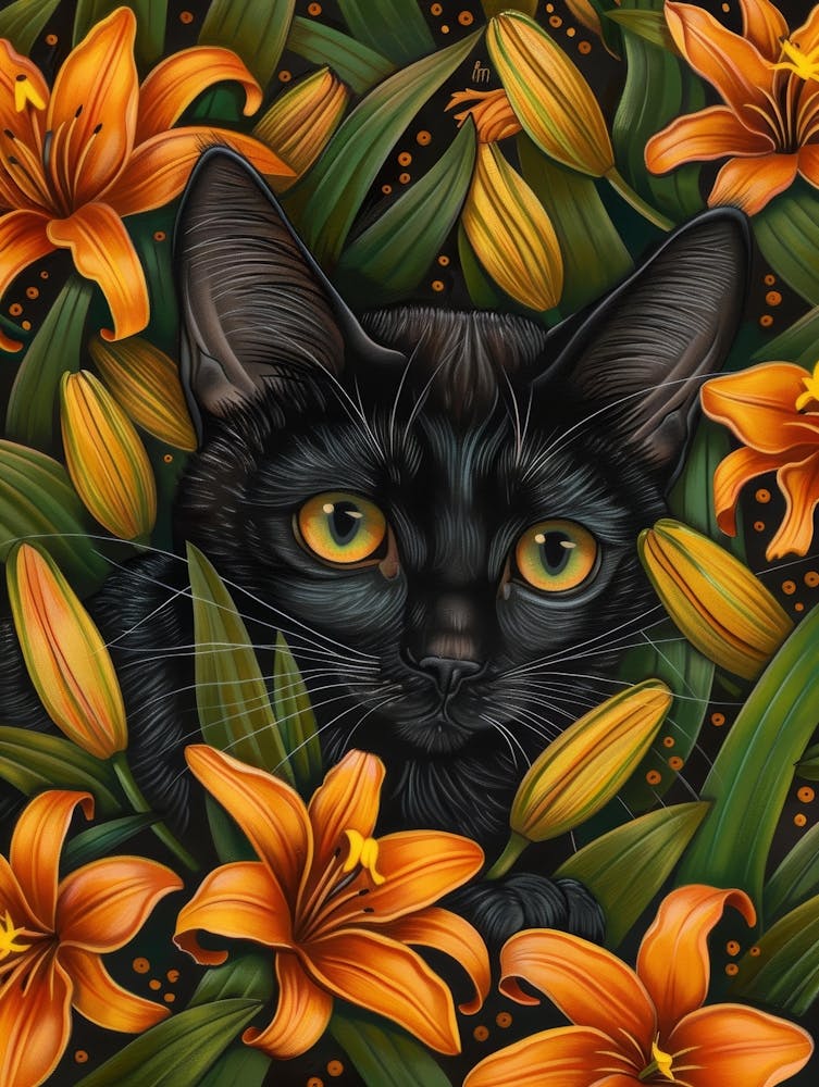 Black Cat In Lilies 3