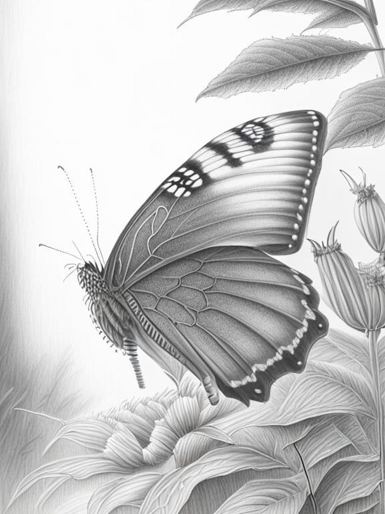 Butterfly In Garden Greyscale Sketch 1