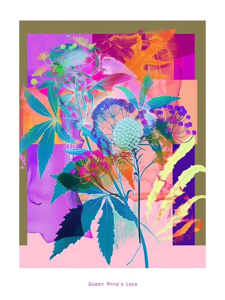 Queen Anne S Lace 3 Neon Flower Collage Poster