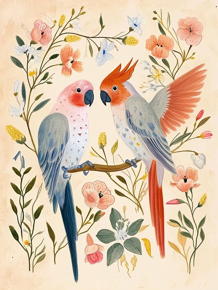 Folksy Floral Animal Drawing Parrot 2