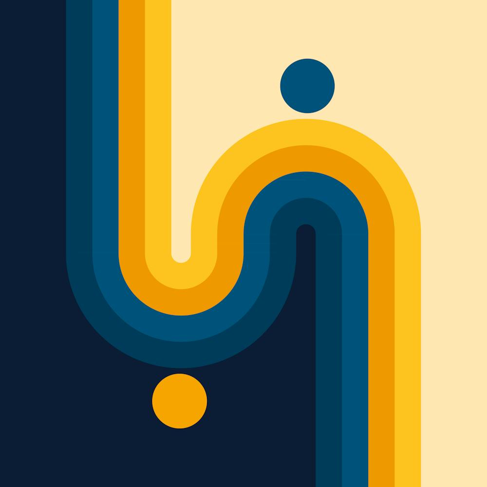 Midcentury Modern Geometric Arch Sun Abstract 11 In Navy Blue And Mustard 2