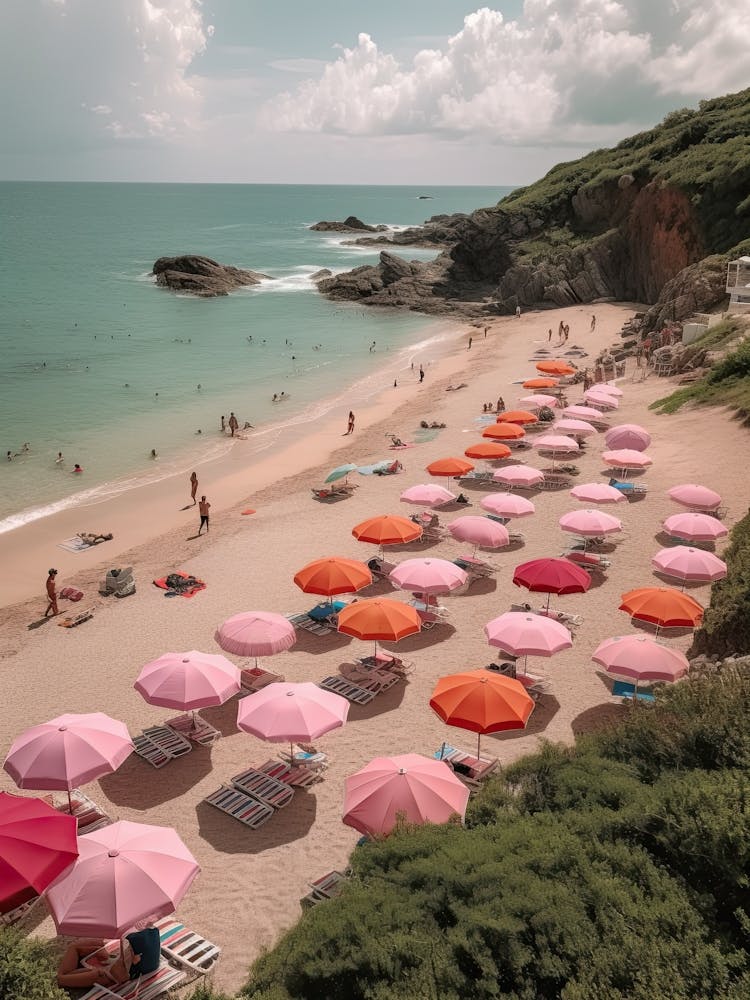 Vue aérienne d'une plage Parapluies roses Photographie 2