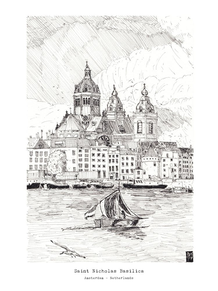 Saint Nicolas Basillica Amsterdam Netherlands Pen Ink Illustration