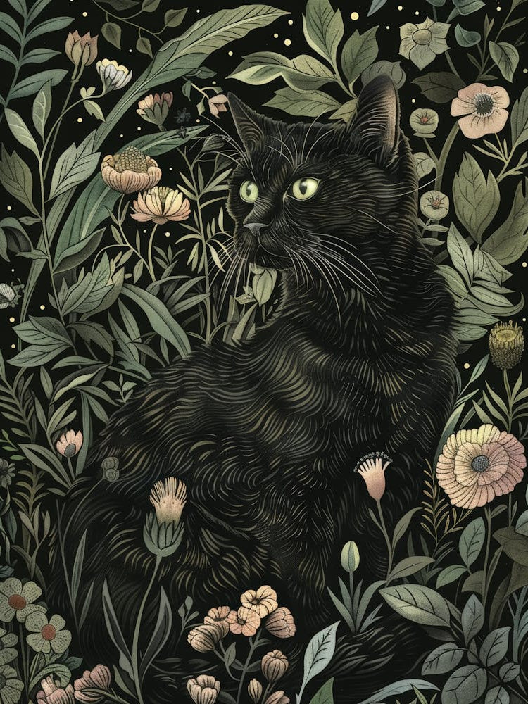 Black Cat In Flowers 2