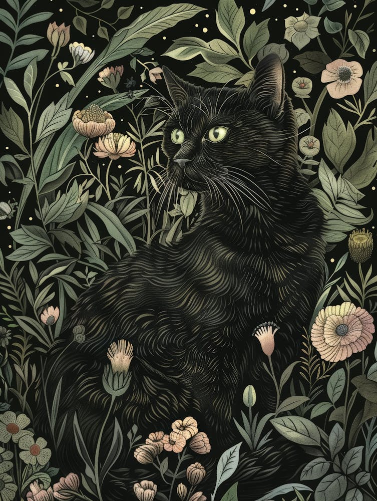 Black Cat In Flowers 2