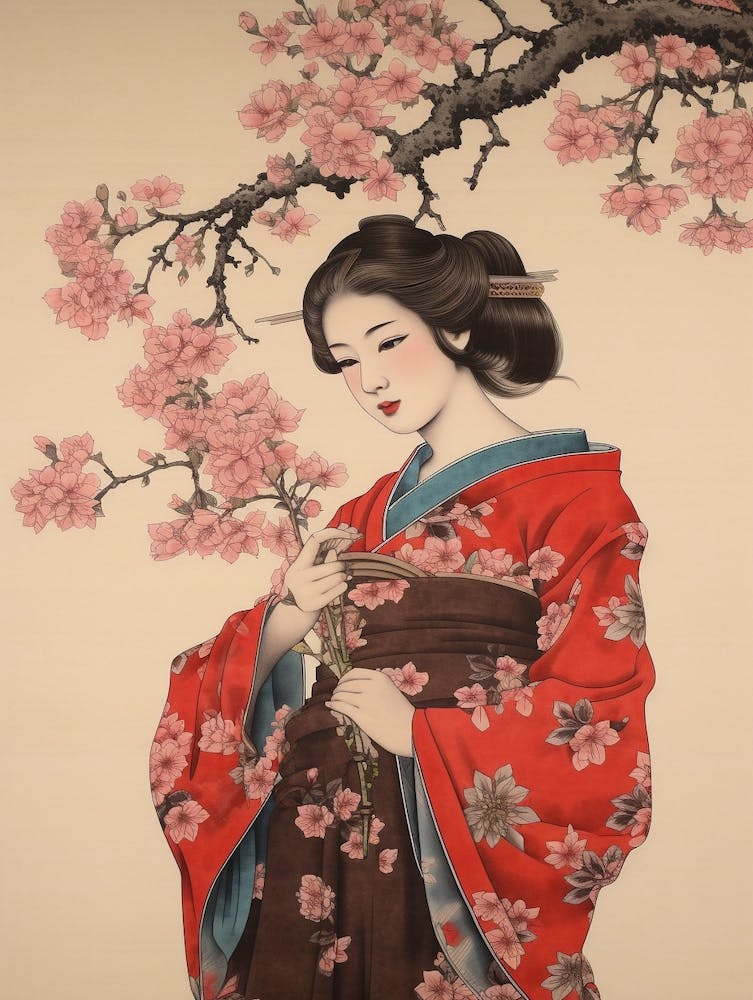 Sakura Cherry Blossom Vintage Japanese Botanical And Geisha