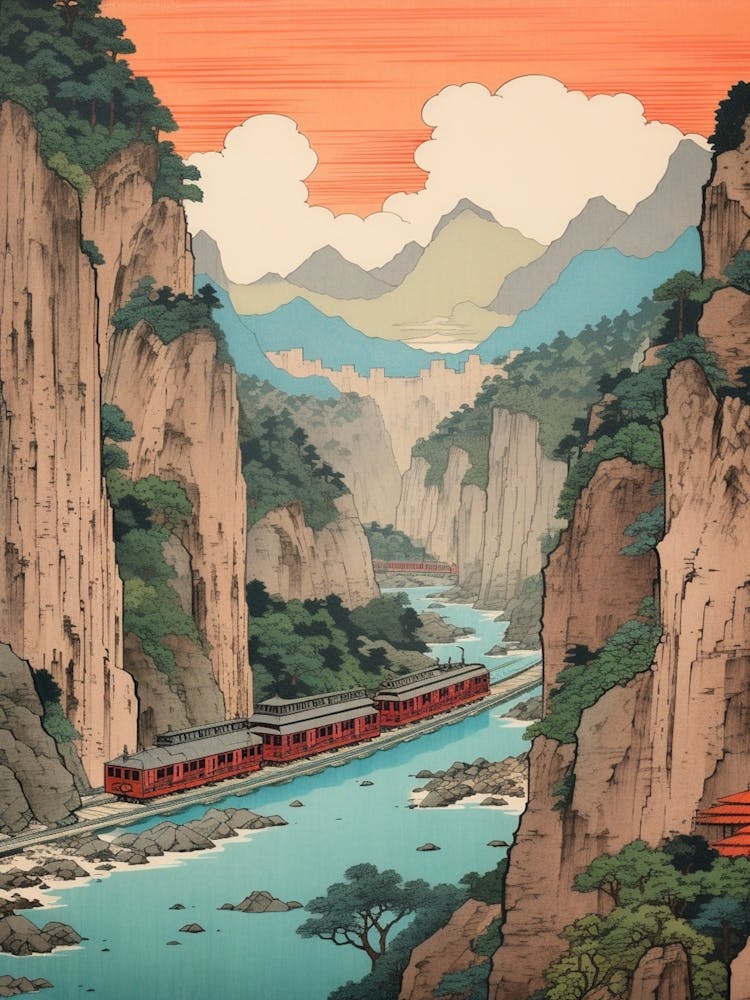Kurobe Gorge, Japan Vintage Travel Art 1