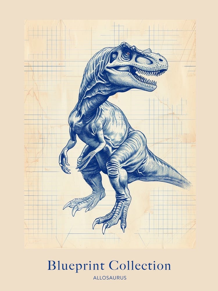 Allosaurus Dinosaur Blue Print Style 1 Poster
