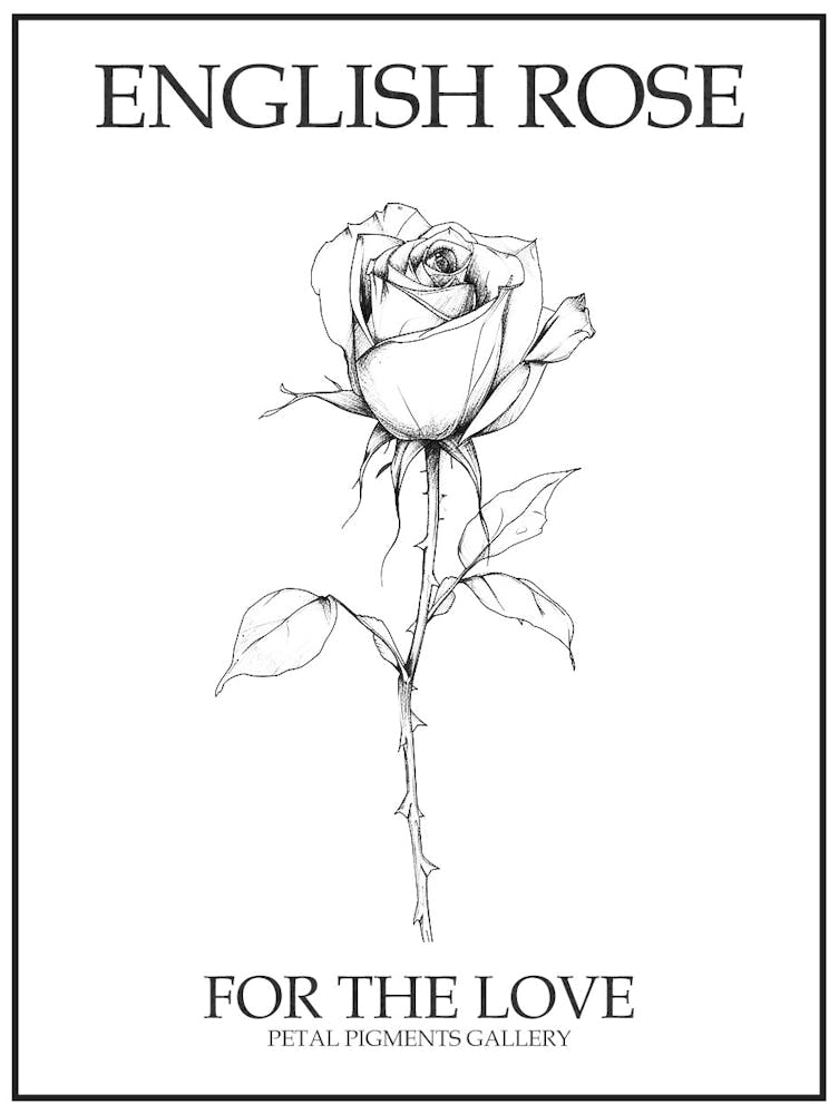 English Rose Black And White Line Drawing 20 Poster