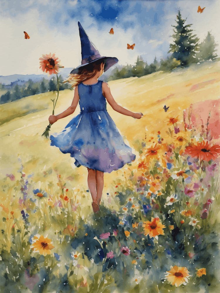 Little Summer Witch Girl Running Through the Summer Meadow - Colorful Witchy Watercolor Art by Lyra the Lavender Witch - Rainbow Flowers Girl Witches In Midsummer Litha Summer Solstice Pagan Wiccan Wheel of the Year - Botanical Gallery Wall Art Full of Co
