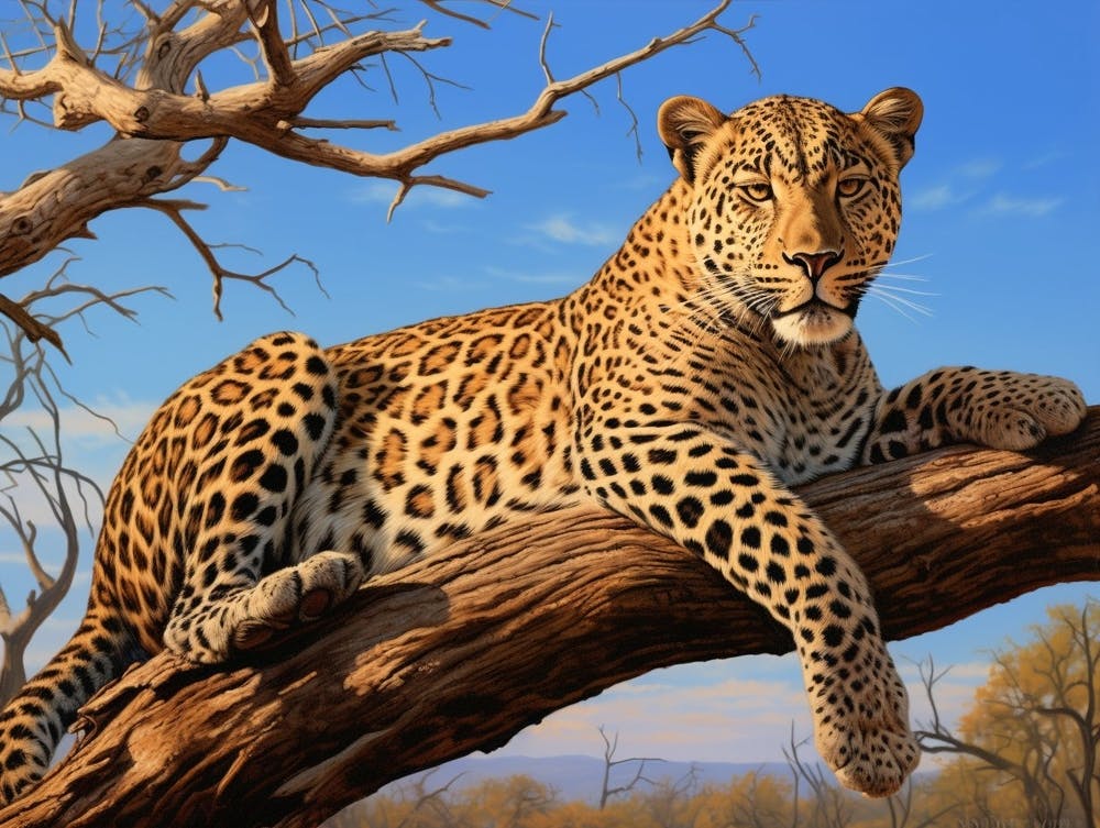 African Leopard Resting In A Tree Realism Painting 4