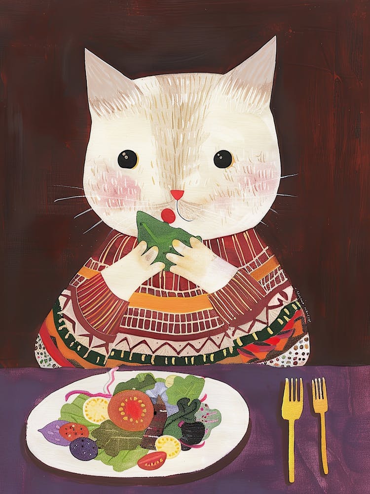 Cute White Tan Cat Eating Salad Folk Illustration 4
