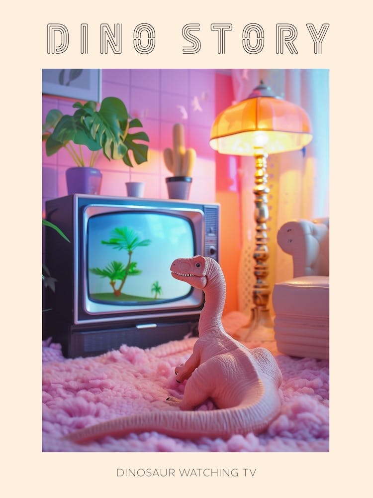 Pastel Pink Toy Dinosaur Watching Tv Poster