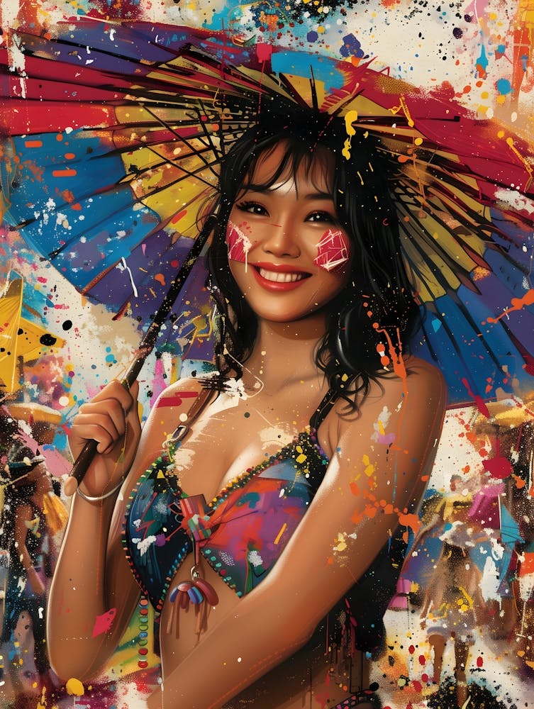 Asiatisches Mädchen mit Regenschirm, Lebendig, Pop Art