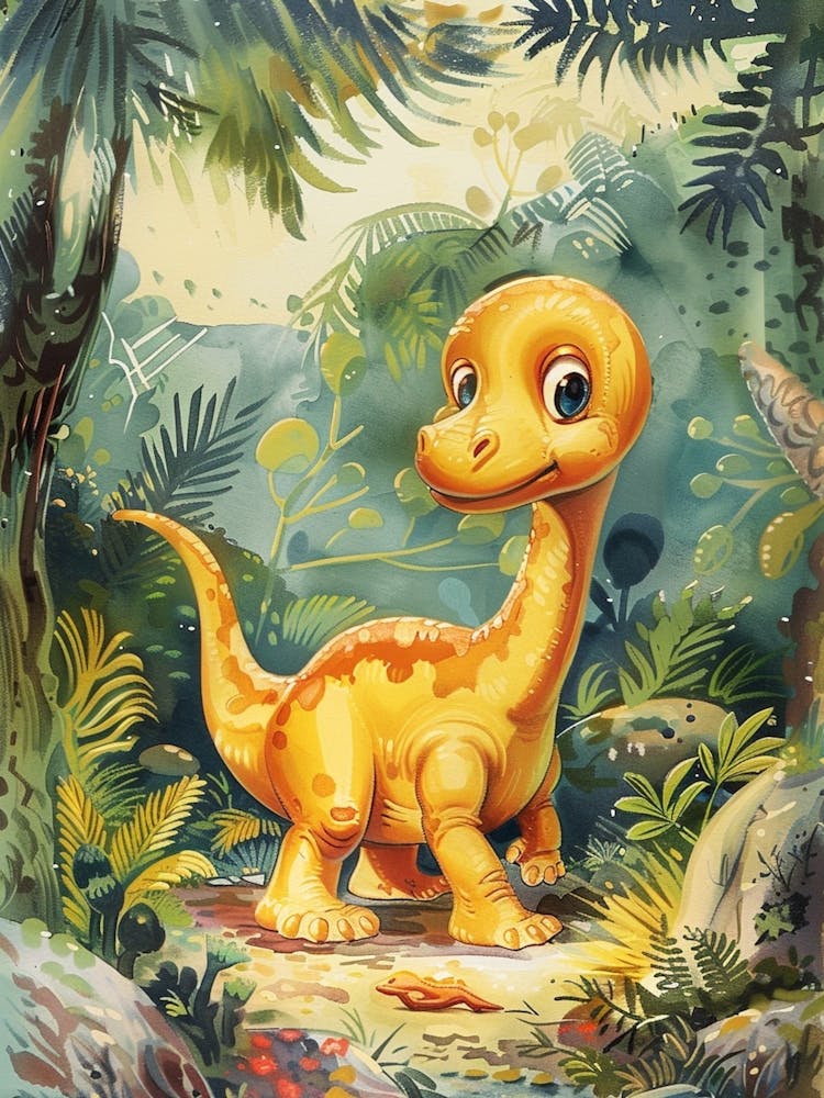 Cute Storybook Dinosaur In The Leaves Painting 1