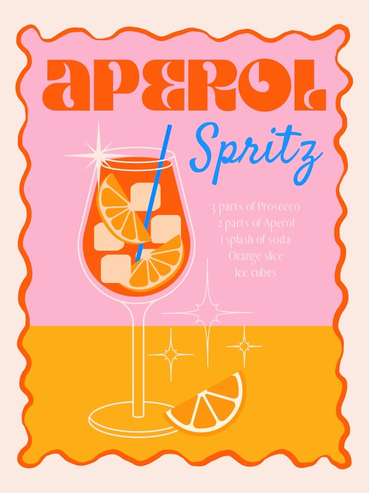 Retro Aperol Spritz 70er-inspiriert Digitale Illustration in Leuchtendem Orange und Hot Pink für eine Sommerliche Kücheneinrichtung oder als Lustiges Einweihungsgeschenk
