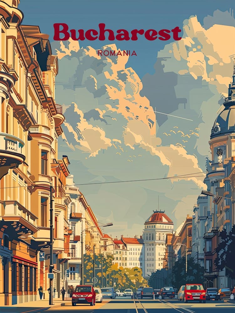 Bucharest Romania Vintage Travel Illustration