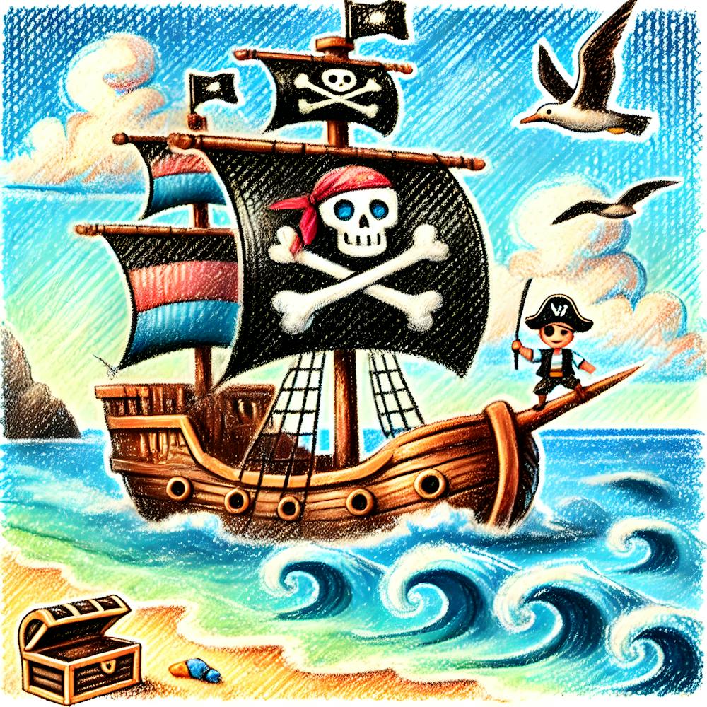 Whimsical Pirate Ship Illustration Crayon Storybook Style Kids Room Art