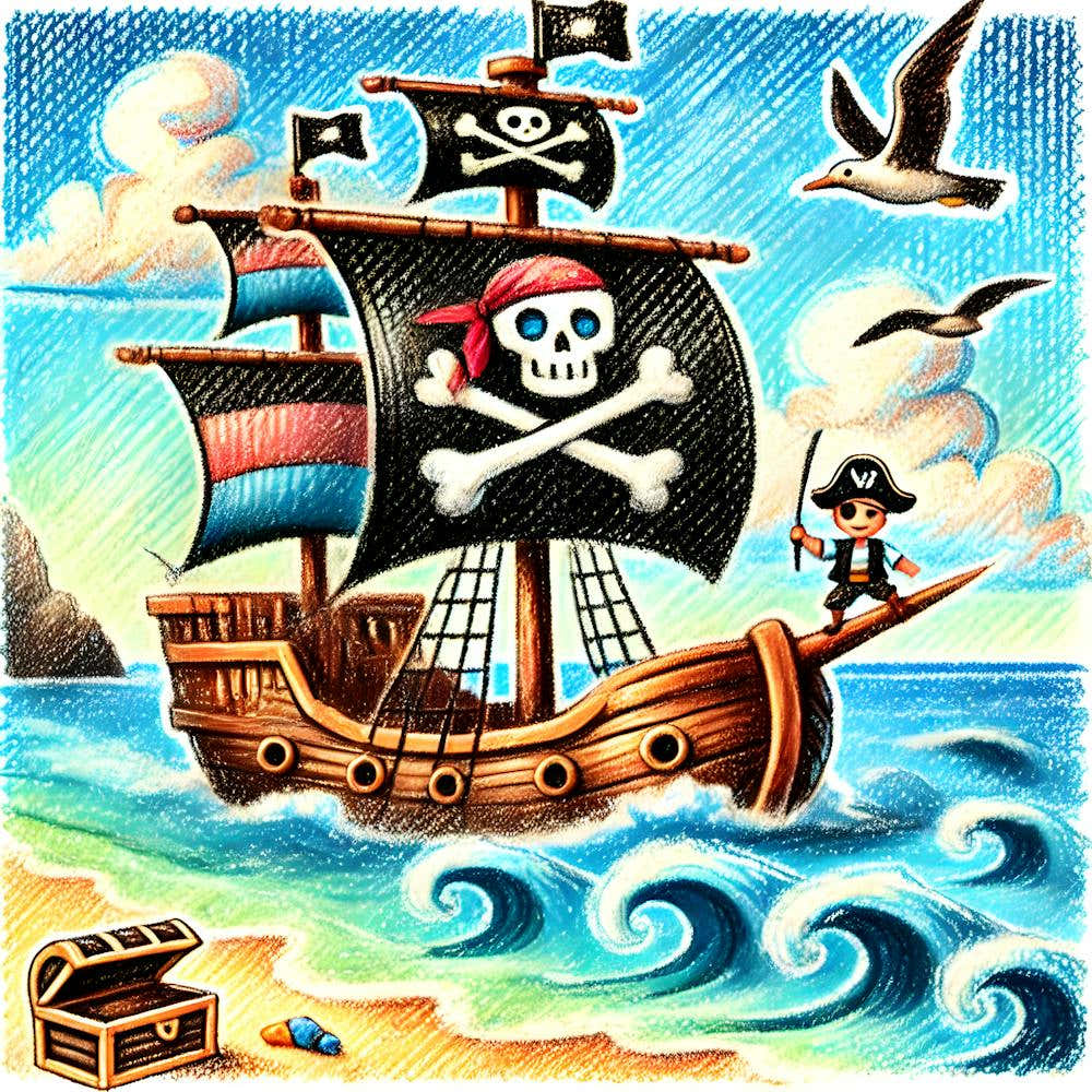 Whimsical Pirate Ship Illustration Crayon Storybook Style Kids Room Art