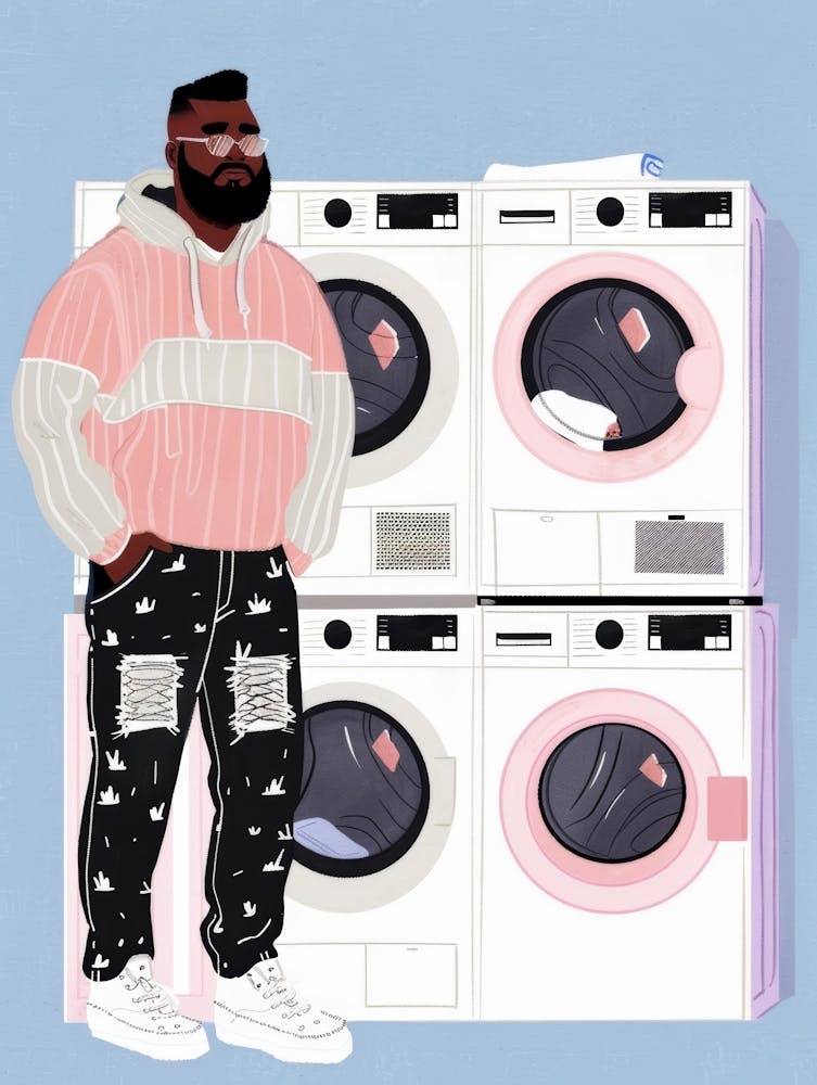 Illustration Of A Man Standing In Front Of Washing Machines