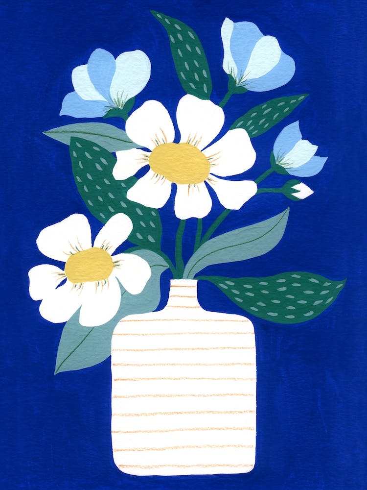 Scandi Flower Vase White Daisies Blue Background Painting