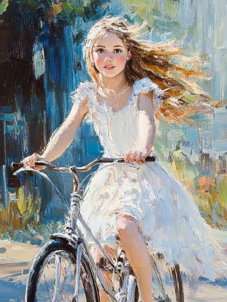 A Girl In A White Dress Rides A Bicycle
