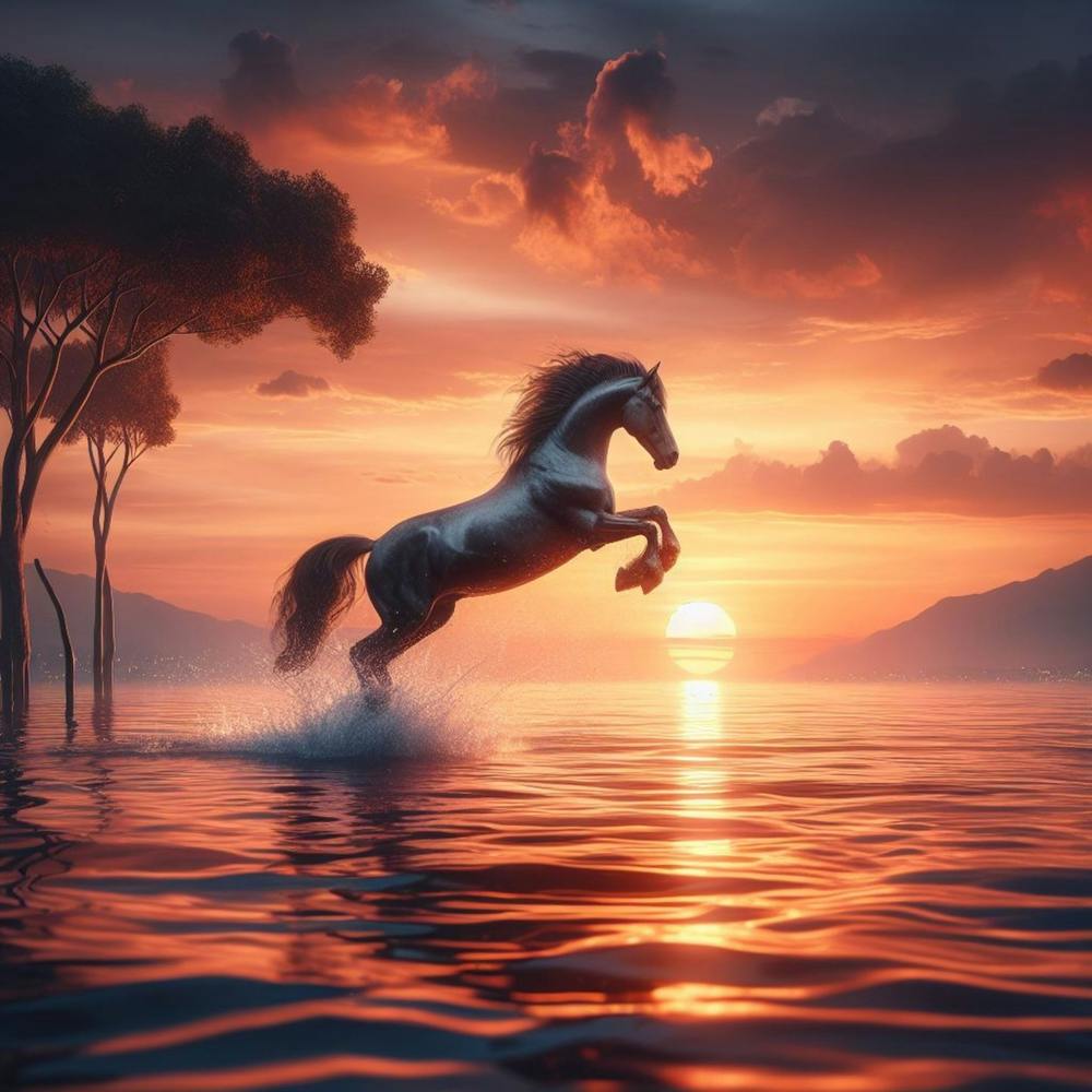 Horse jumping from the water