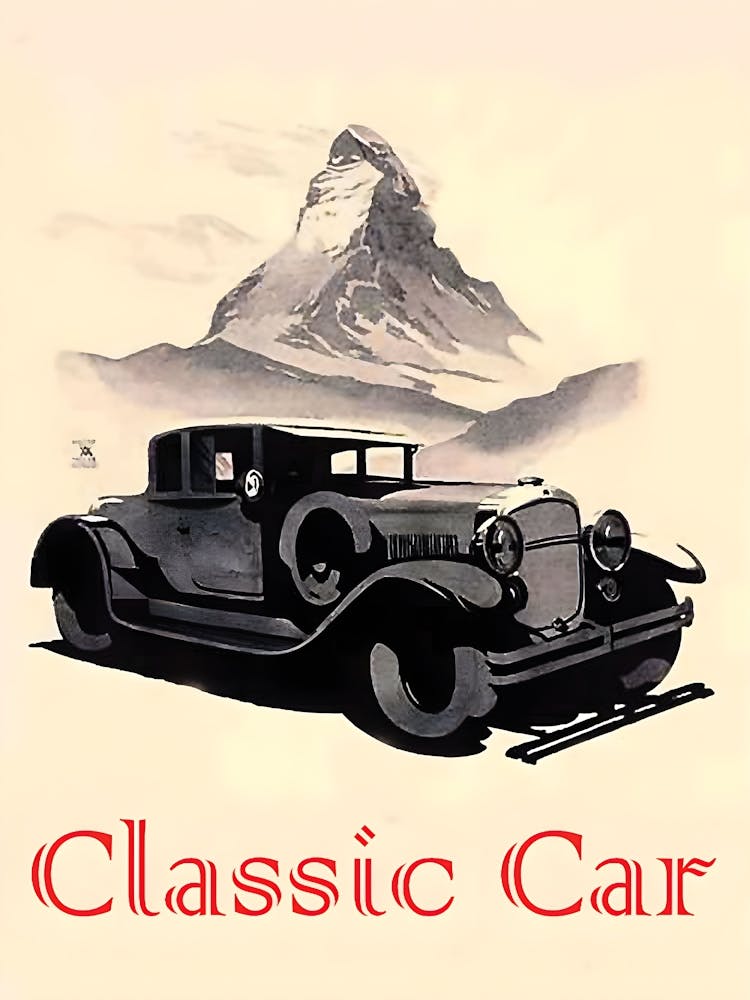 Classic Car And Zermatt Mountain Peak, Switzerland