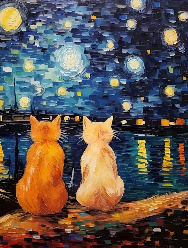 starry night with White and Ginger Cat