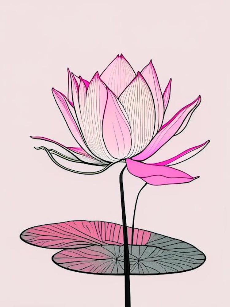 Blooming Lotus Flower In Pond Minimal Line Drawing 1