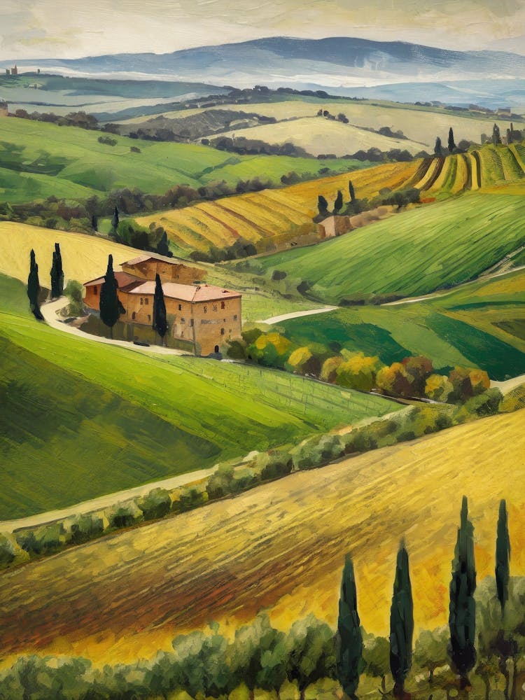 A Picturesque Tuscan Landscape With Rolling Hills And Vineyards