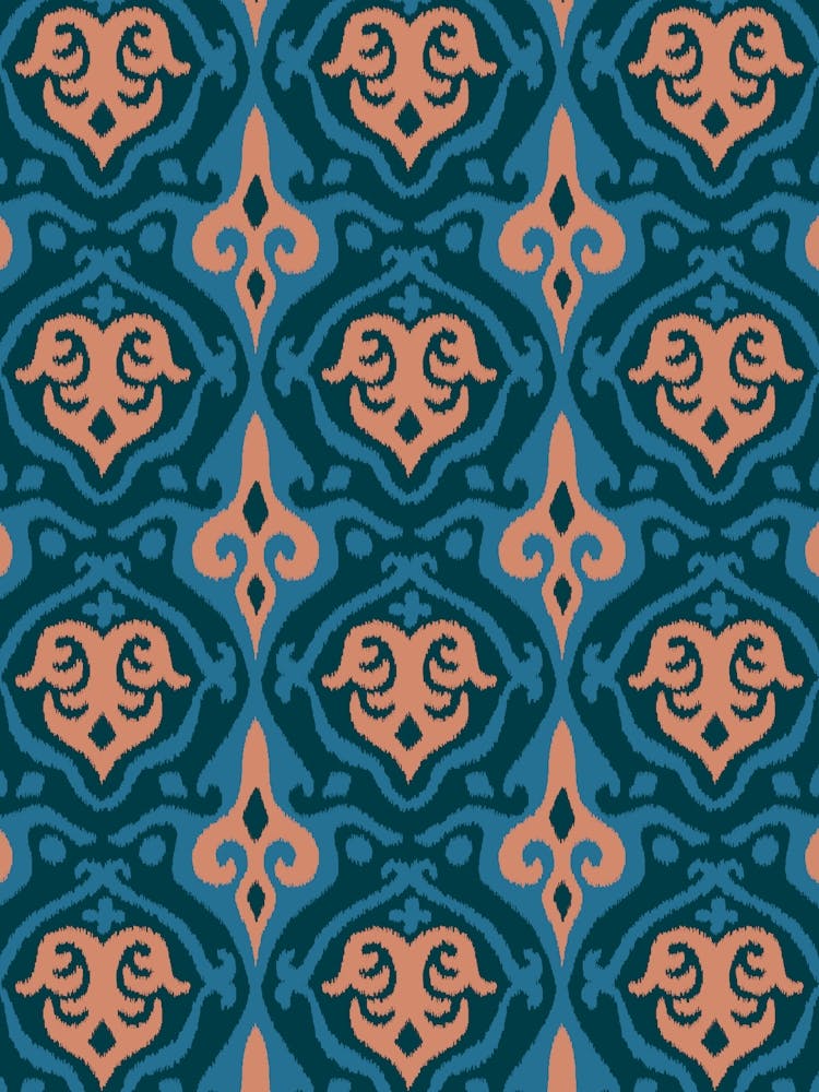 JAVA Boho Ikat Woven Texture Style in Exotic Blue and Blush Sand on Dark Teal Blue