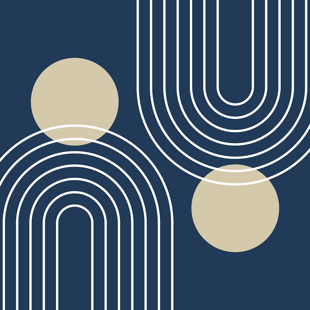 Mid Century Modern Geometric C2 In Navy Blue And Beige (Rainbow And Sun Abstraction) 02